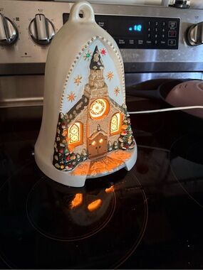 Vintage Illuminated Ceramic Church Bell Night Light - White with Gold Accents